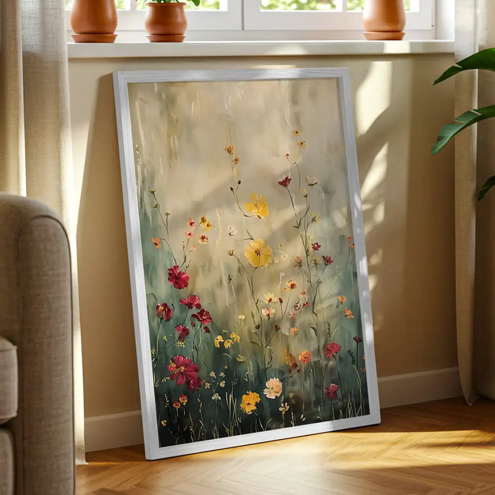 Cuadro de flores sobre fondo claro y tonos suaves