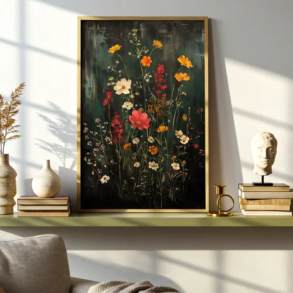Cuadro de flores con fondo oscuro y colores cálidos