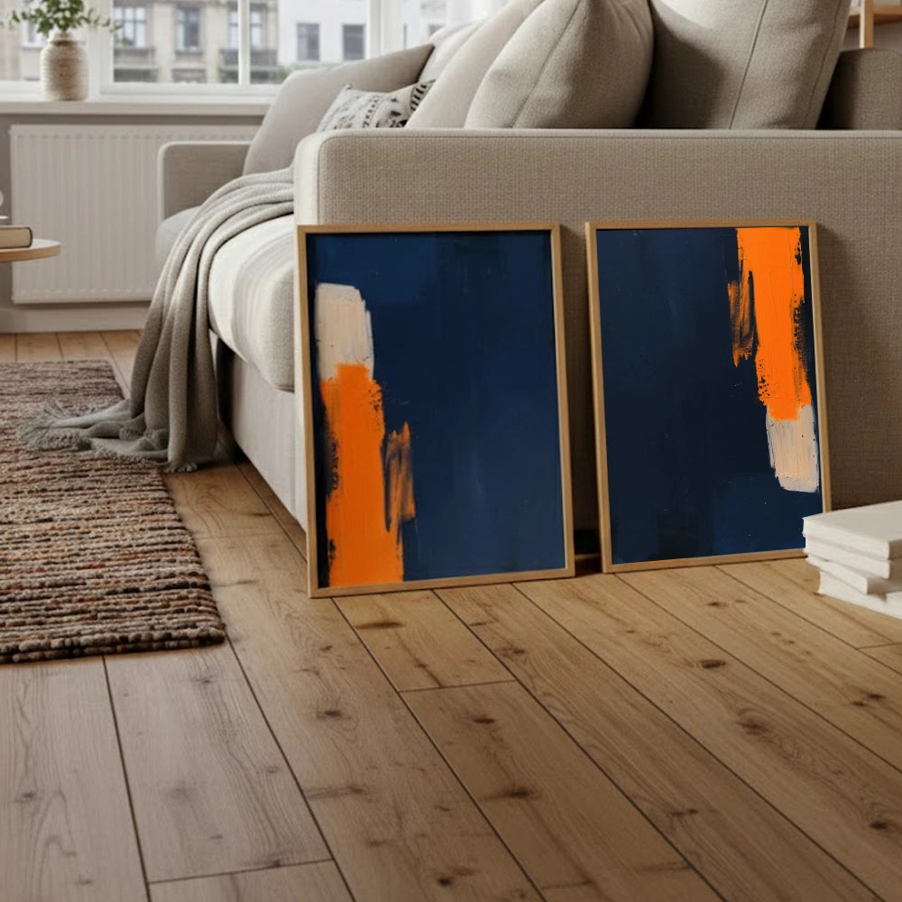 Díptico abstracto en tonos azules con acento naranja