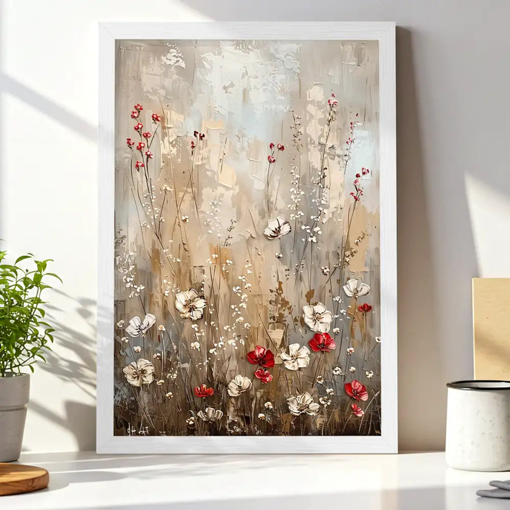 Cuadro floral con fondo beige y flores en rojo y blanco