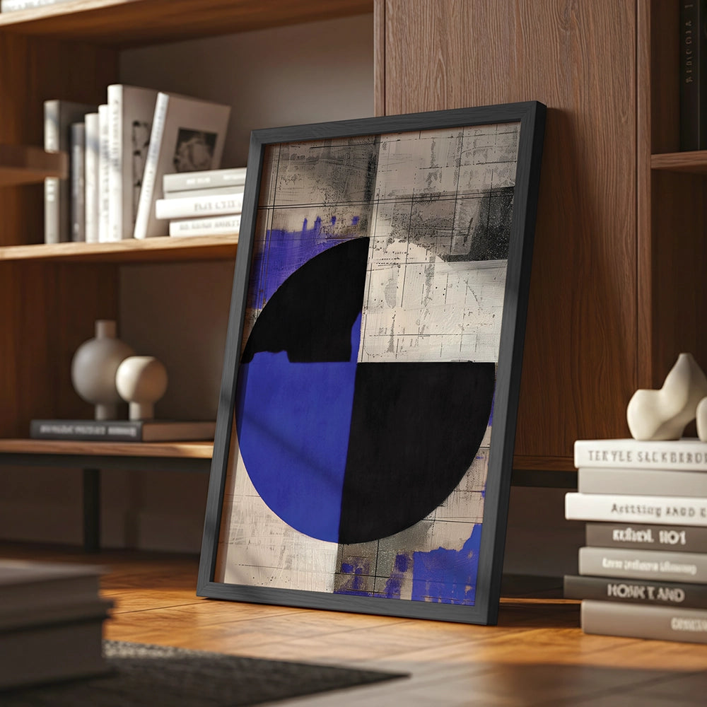 Cuadro abstracto con azul eléctrico y geometría contenida