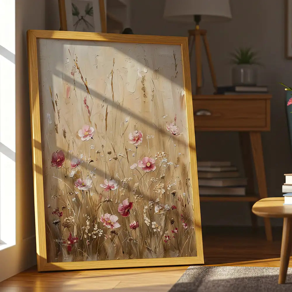 Cuadro con flores en tonos cálidos y fondo beige