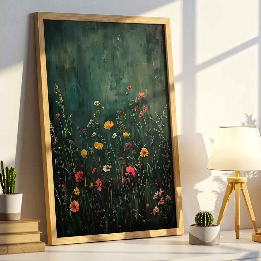 Cuadro de flores silvestres en fondo verde oscuro