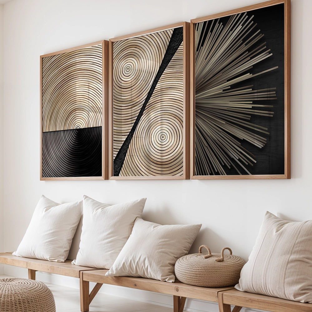 Tríptico de cuadros estilo industrial geométricos en negro y madera