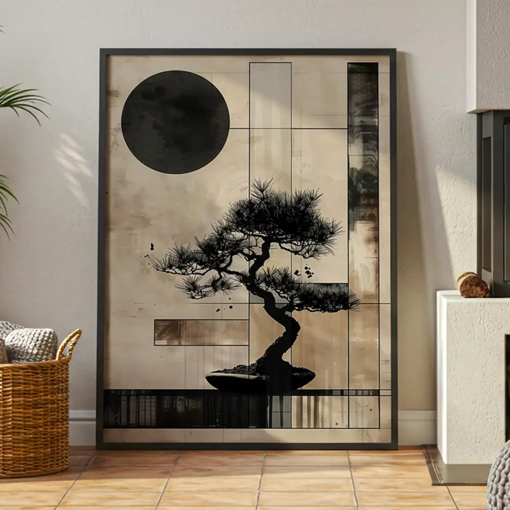 Cuadro Japandi con bonsái geométrico | Arte entre líneas