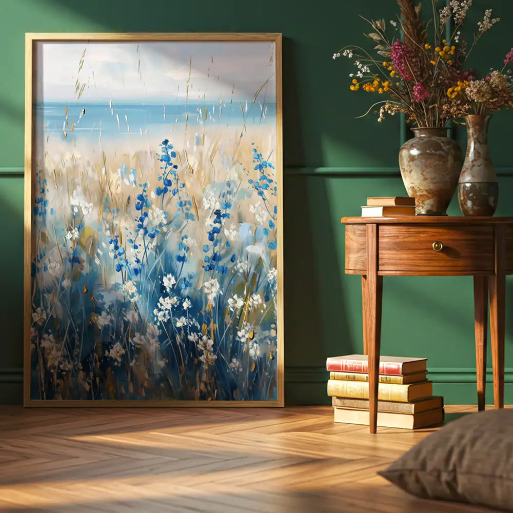 Cuadro floral con flores azules y blancas