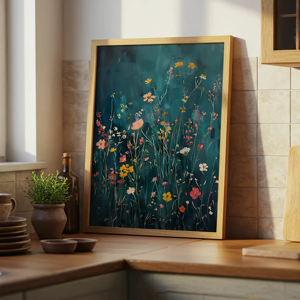 Cuadro de flores silvestres sobre fondo azul petróleo