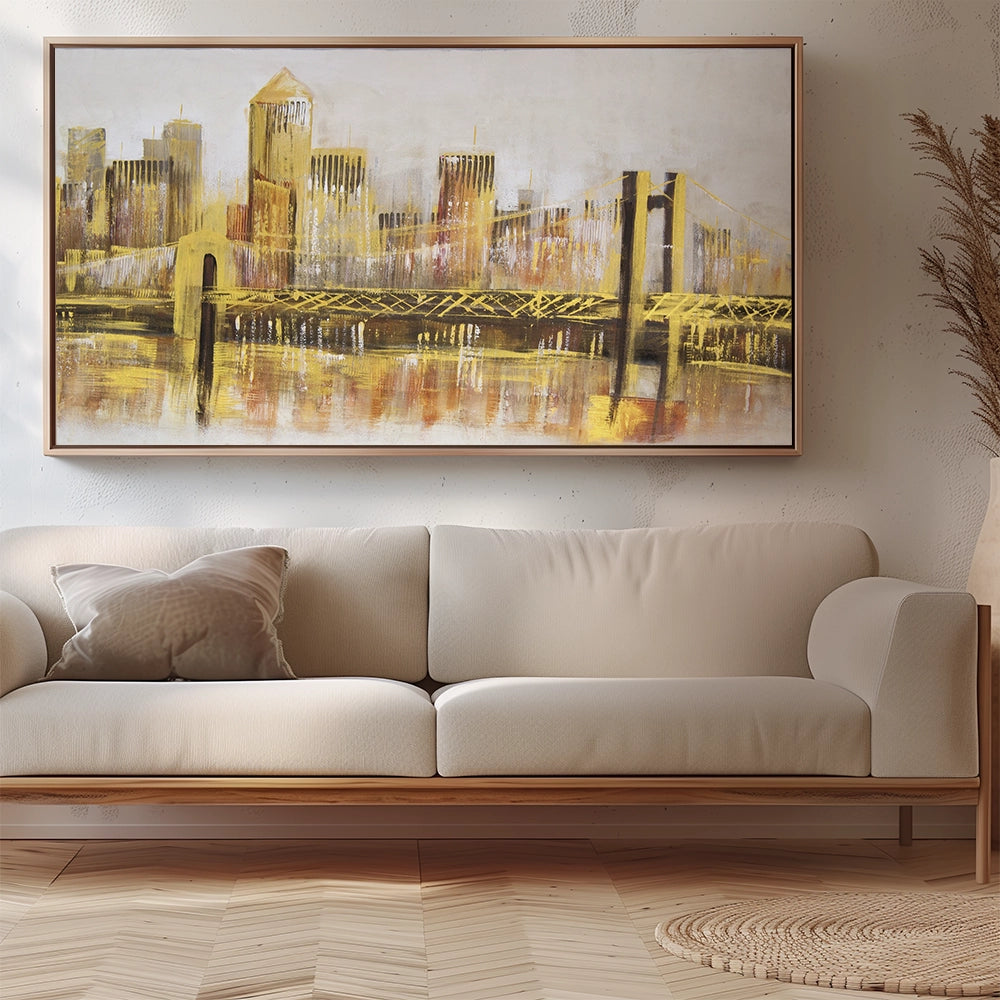 Cuadro de ciudad nocturna en tonos dorados