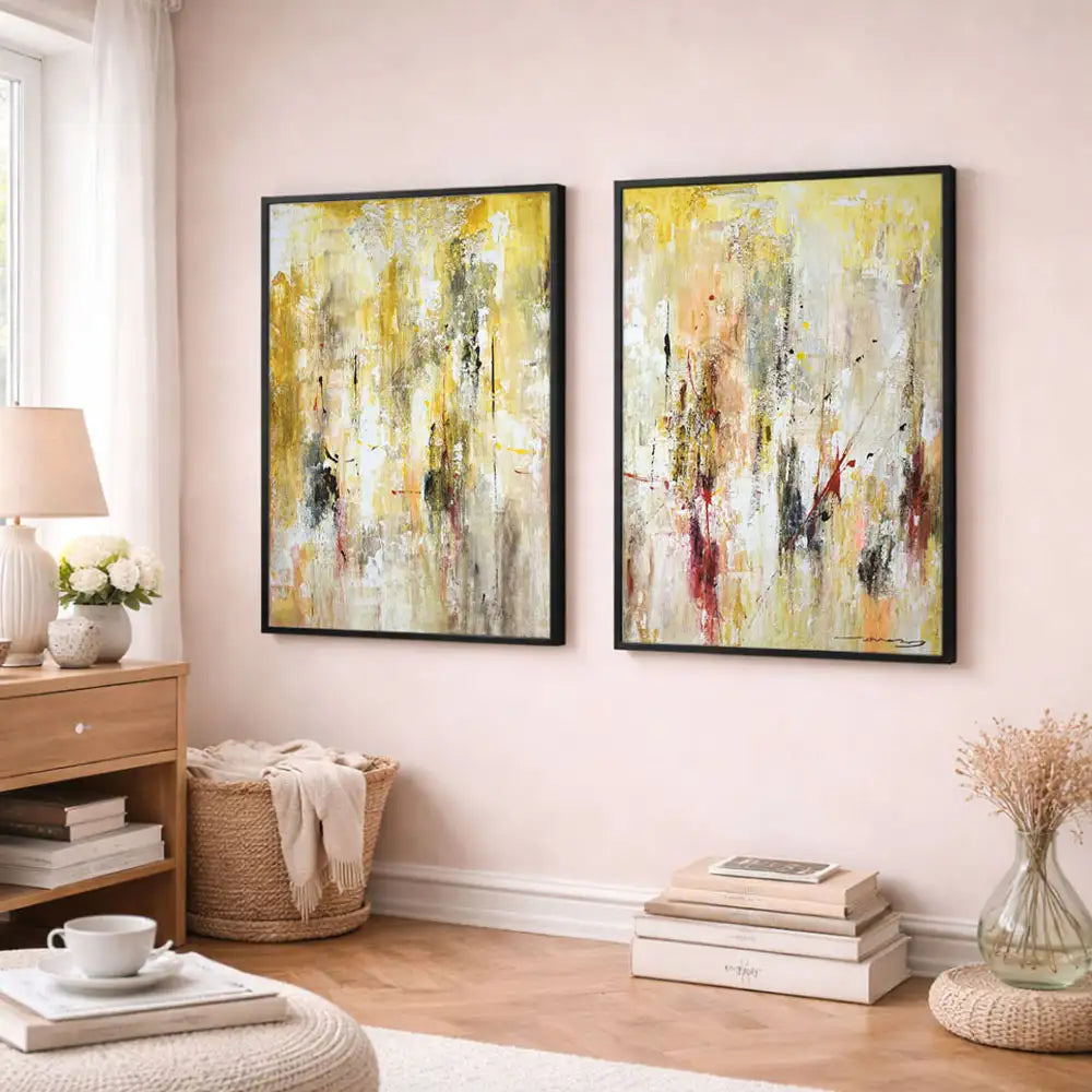 Cuadro abstracto amarillo gestual en tonos ocres