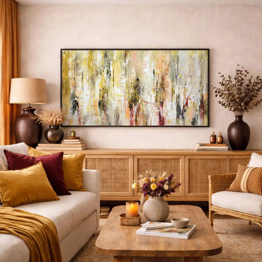 Cuadro abstracto amarillo gestual en tonos ocres