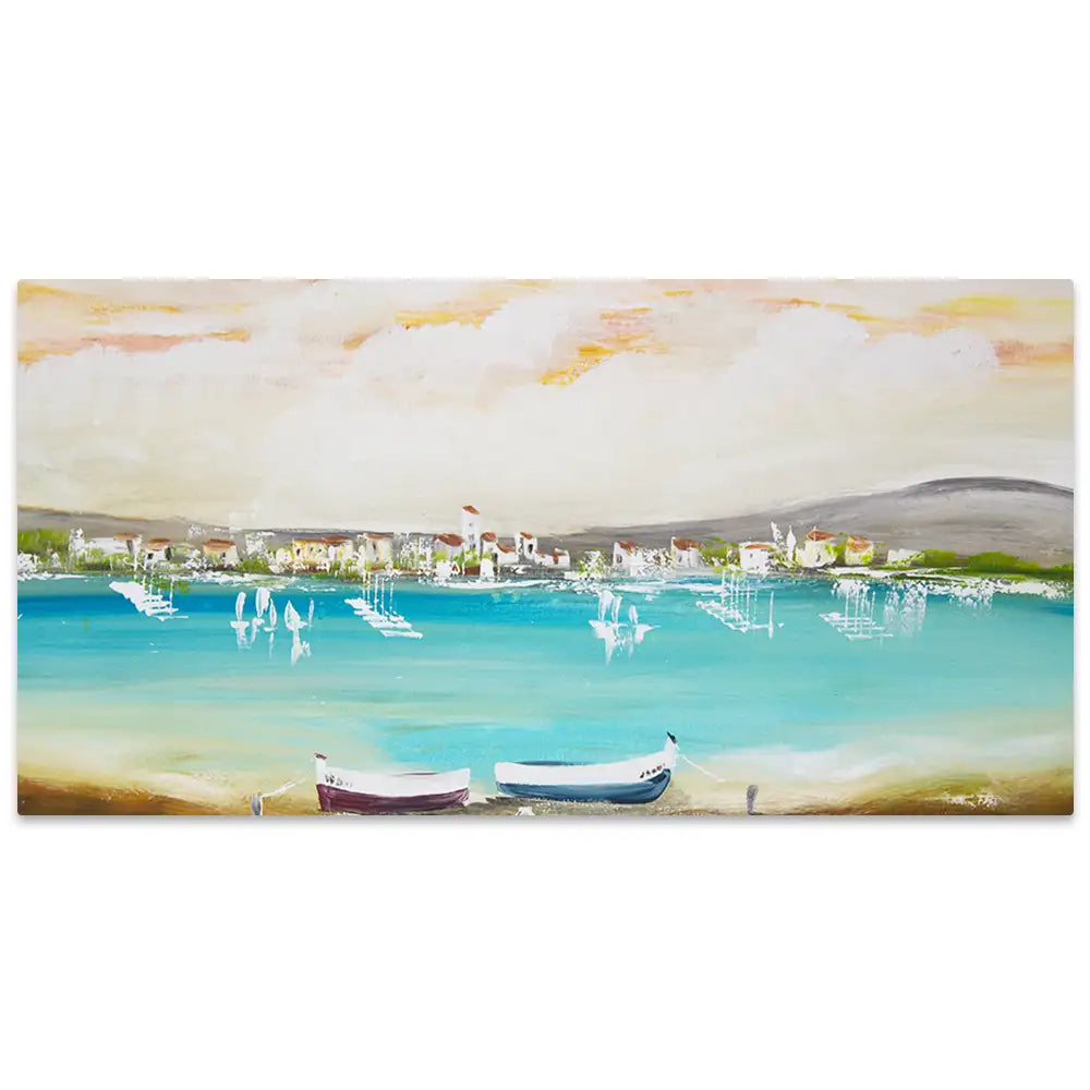 Cuadro mediterráneo moderno azul turquesa con barcos