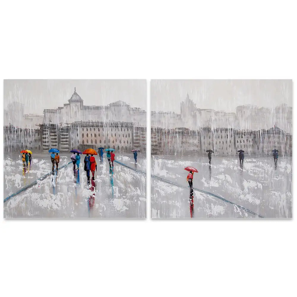 Pintura figurativa | Paseo bajo la lluvia con personas pintadas