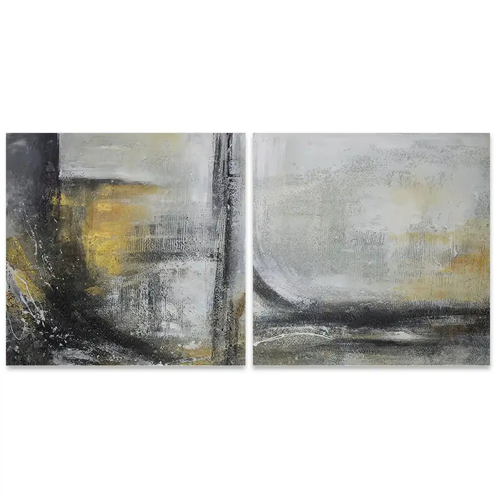 Cuadro abstracto pintado a mano con textura en tonos dorados y gris