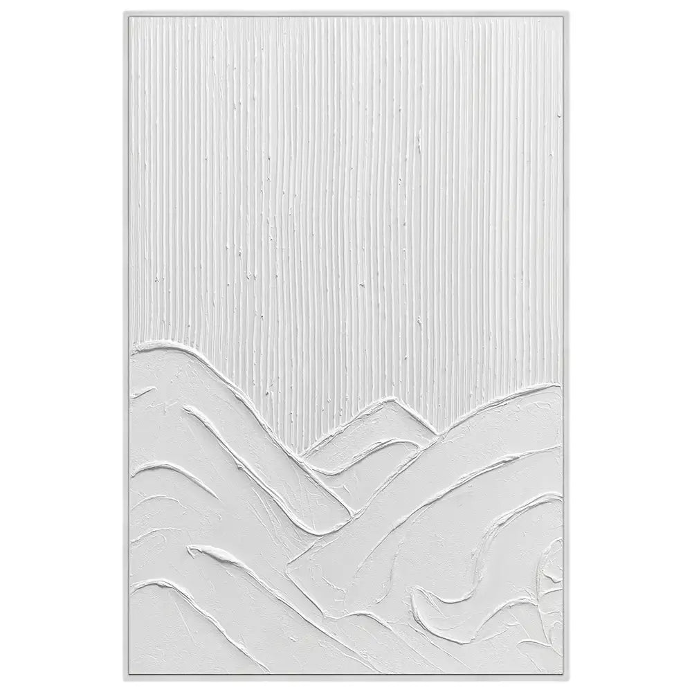 Cuadro abstracto blanco con relieve artesanal y textura