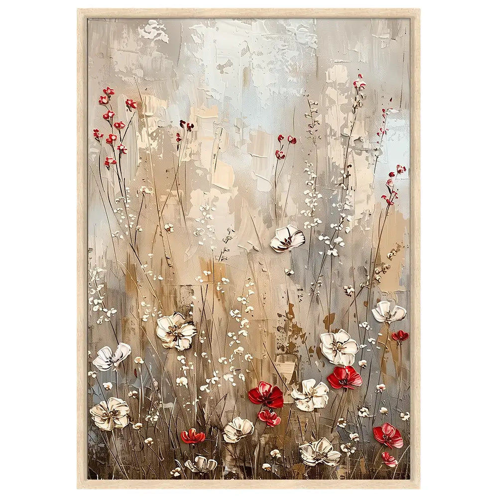 Cuadro floral con fondo beige y flores en rojo y blanco