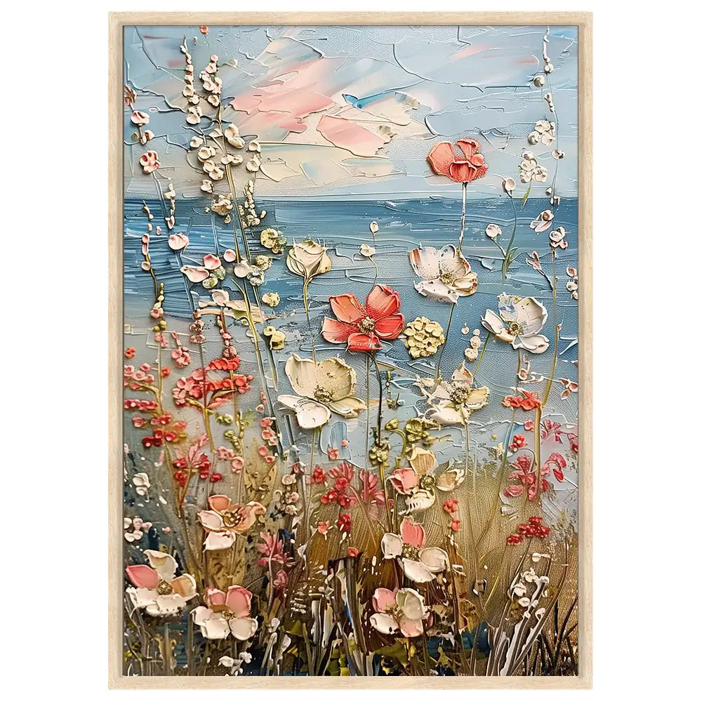 Cuadro de flores junto al mar con tonos suaves