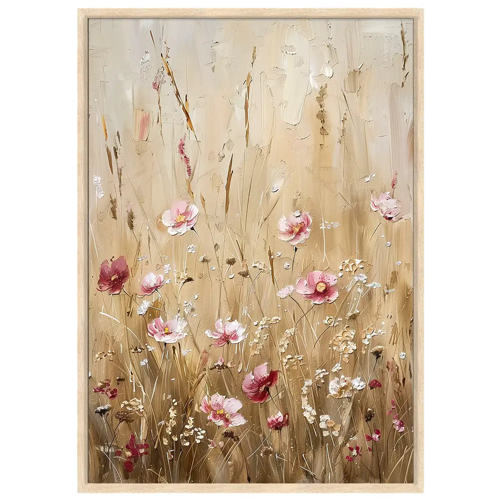 Cuadro con flores en tonos cálidos y fondo beige