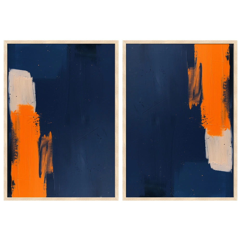 Díptico abstracto en tonos azules con acento naranja