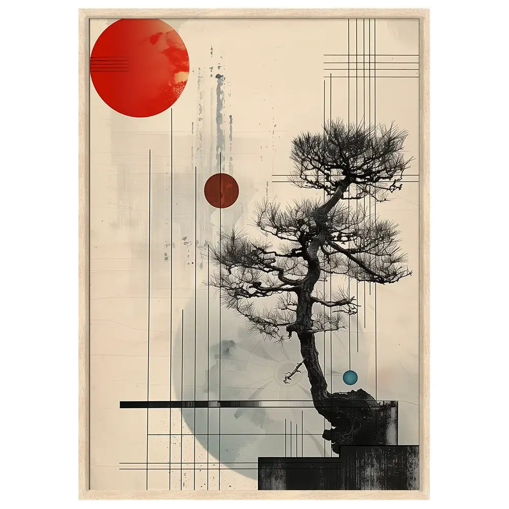 Cuadro Japandi con bonsái y círculos flotantes | Arte contemplativo