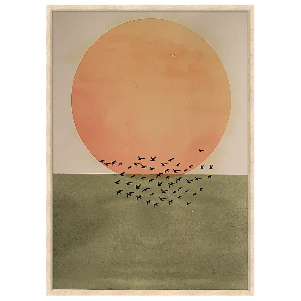 Cuadro Japandi con sol bajo y aves en vuelo