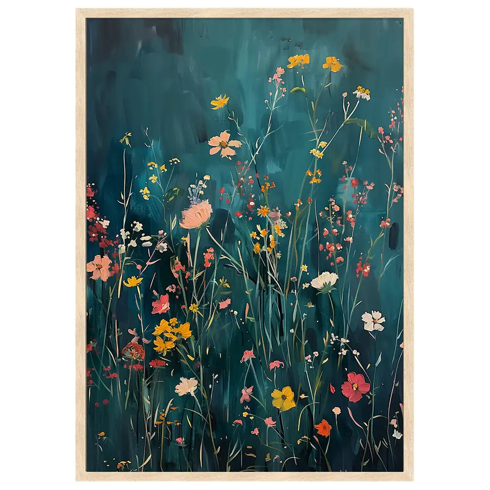 Cuadro de flores silvestres sobre fondo azul petróleo