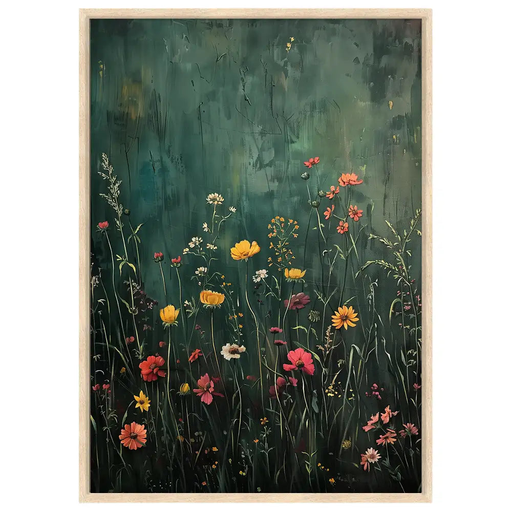 Cuadro de flores silvestres en fondo verde oscuro
