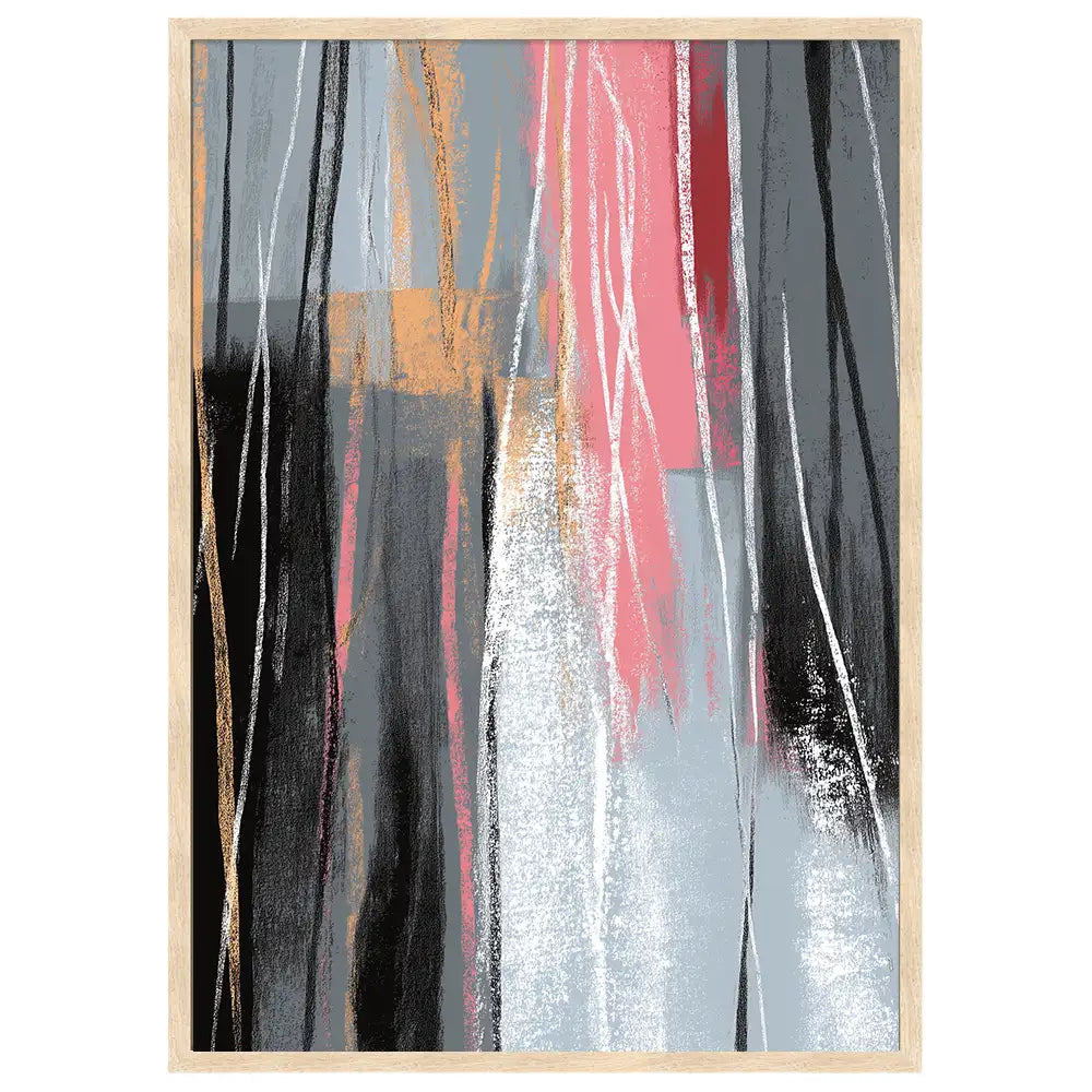 Cuadro abstracto moderno con líneas verticales en rosa y gris