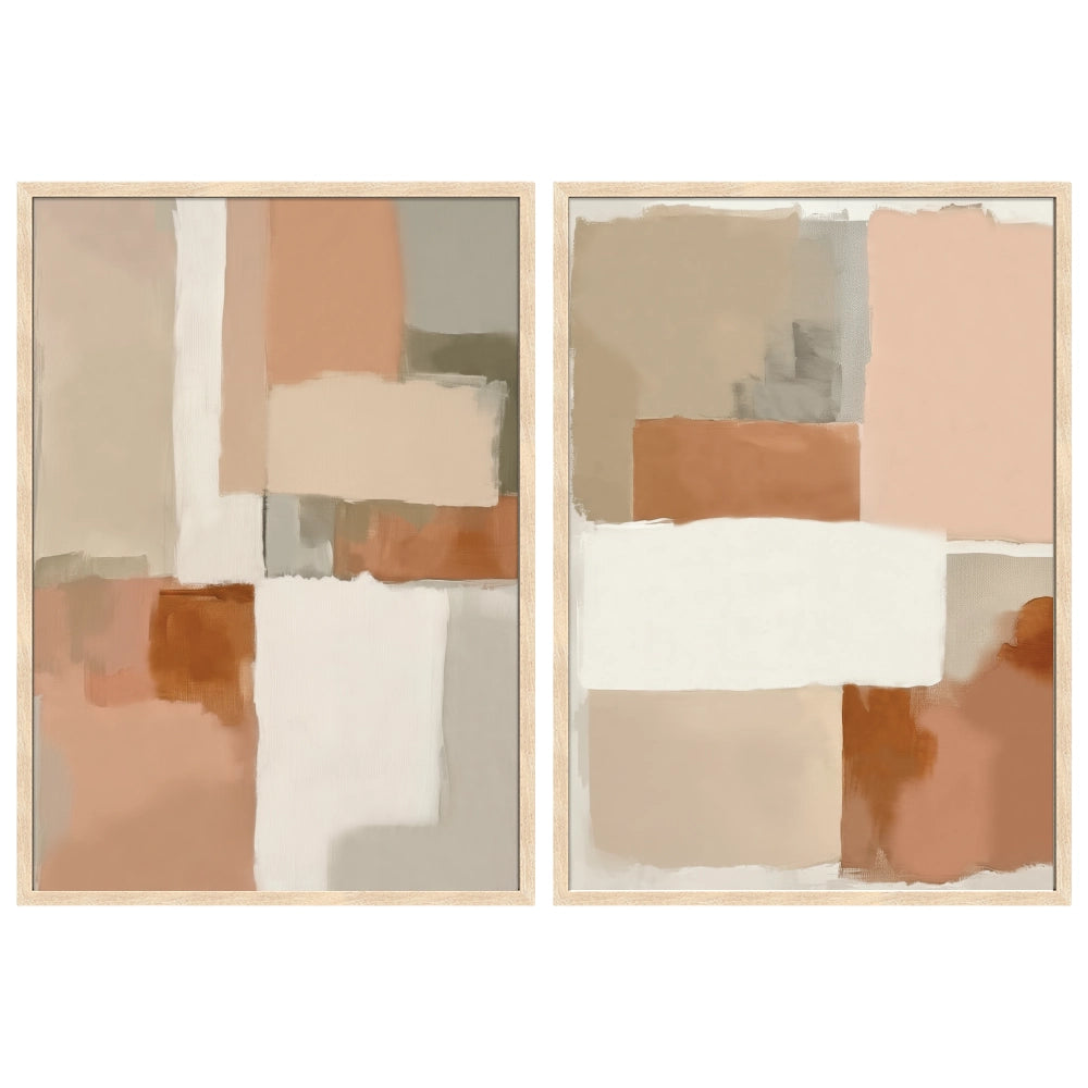 Pareja de cuadros abstractos en tonos arena y terracota con marco madera