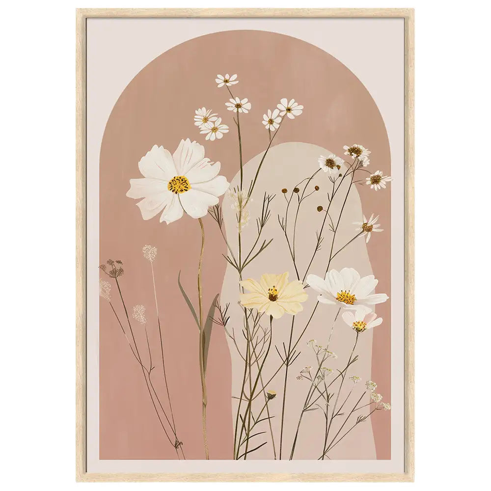 Cuadro floral en rosa palo con flores blancas y crema