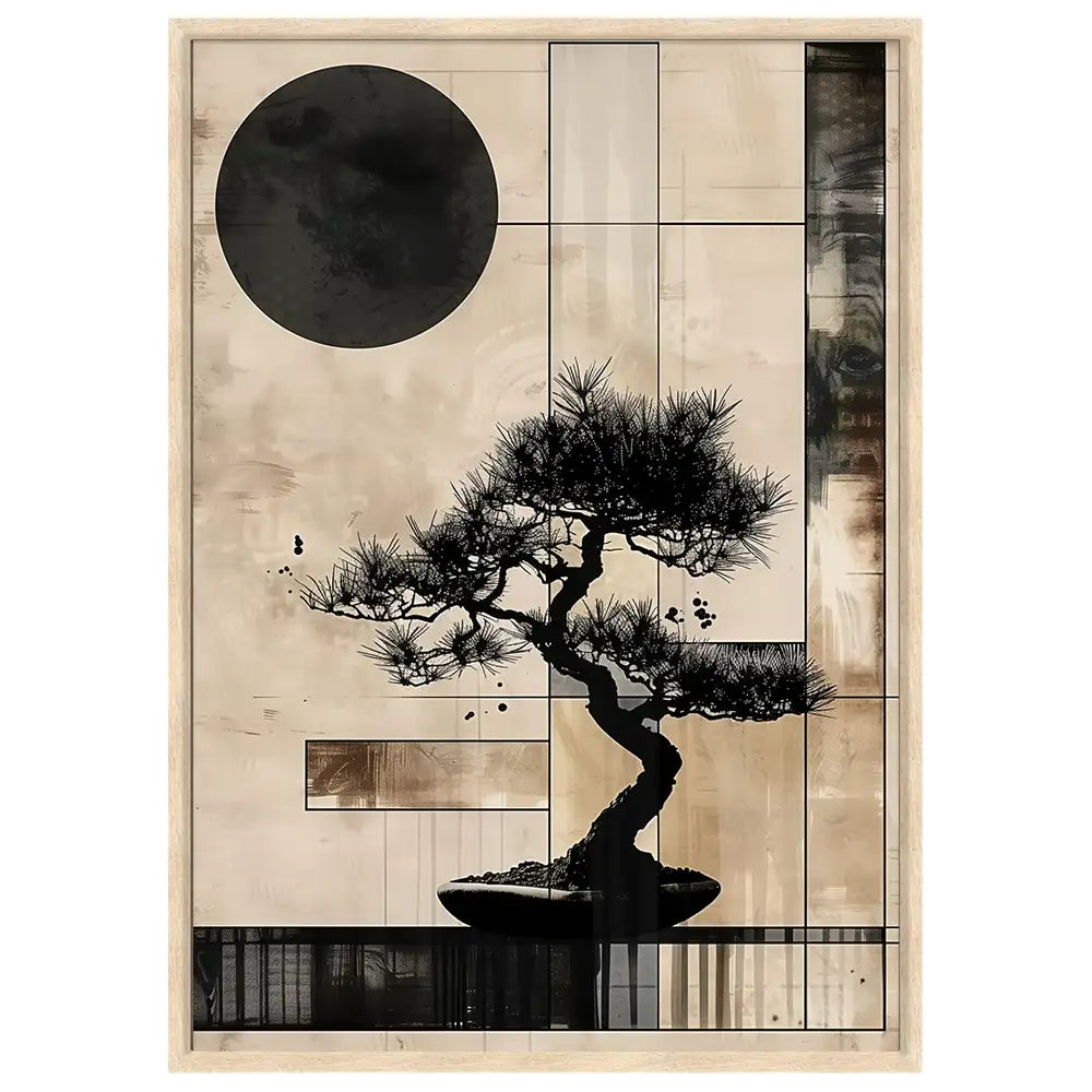 Cuadro Japandi con bonsái geométrico | Arte entre líneas