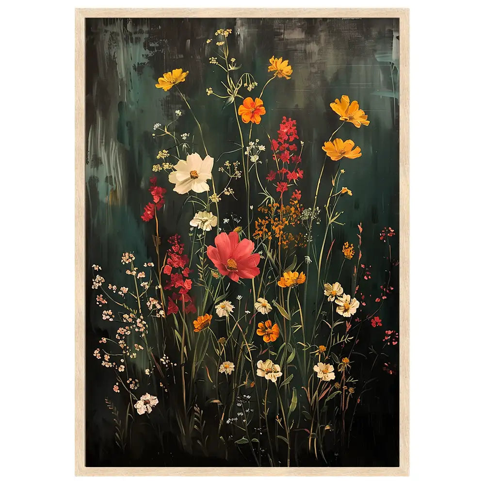 Cuadro de flores con fondo oscuro y colores cálidos