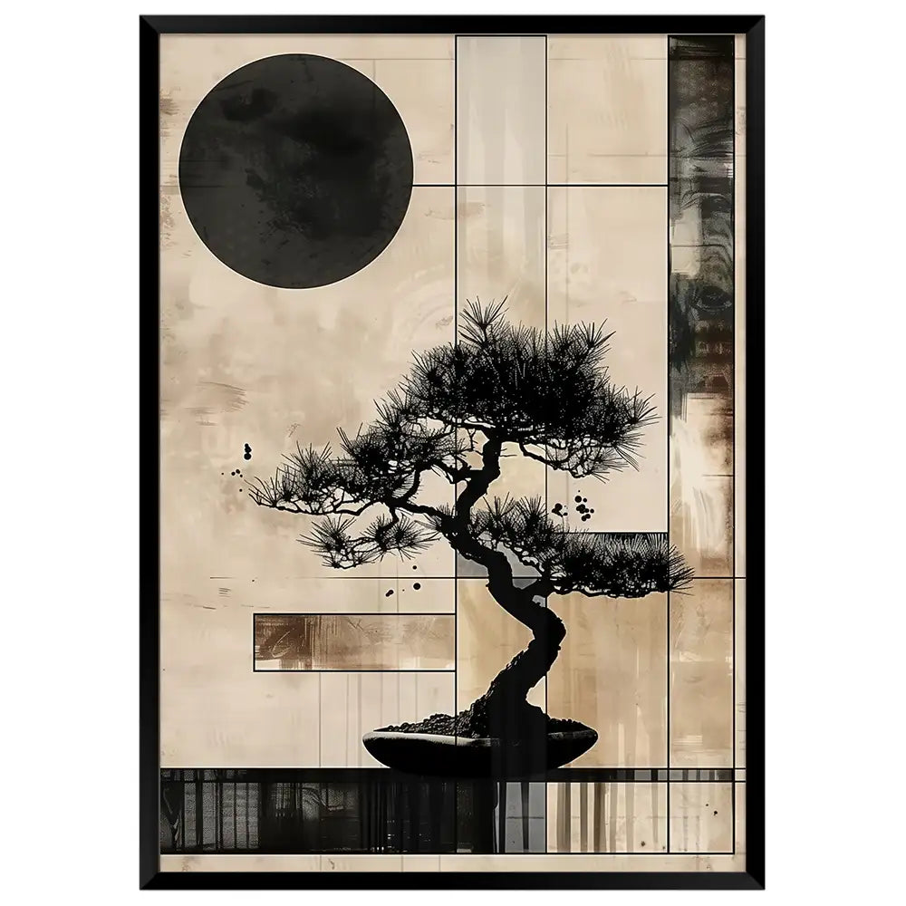 Cuadro Japandi con bonsái geométrico | Arte entre líneas
