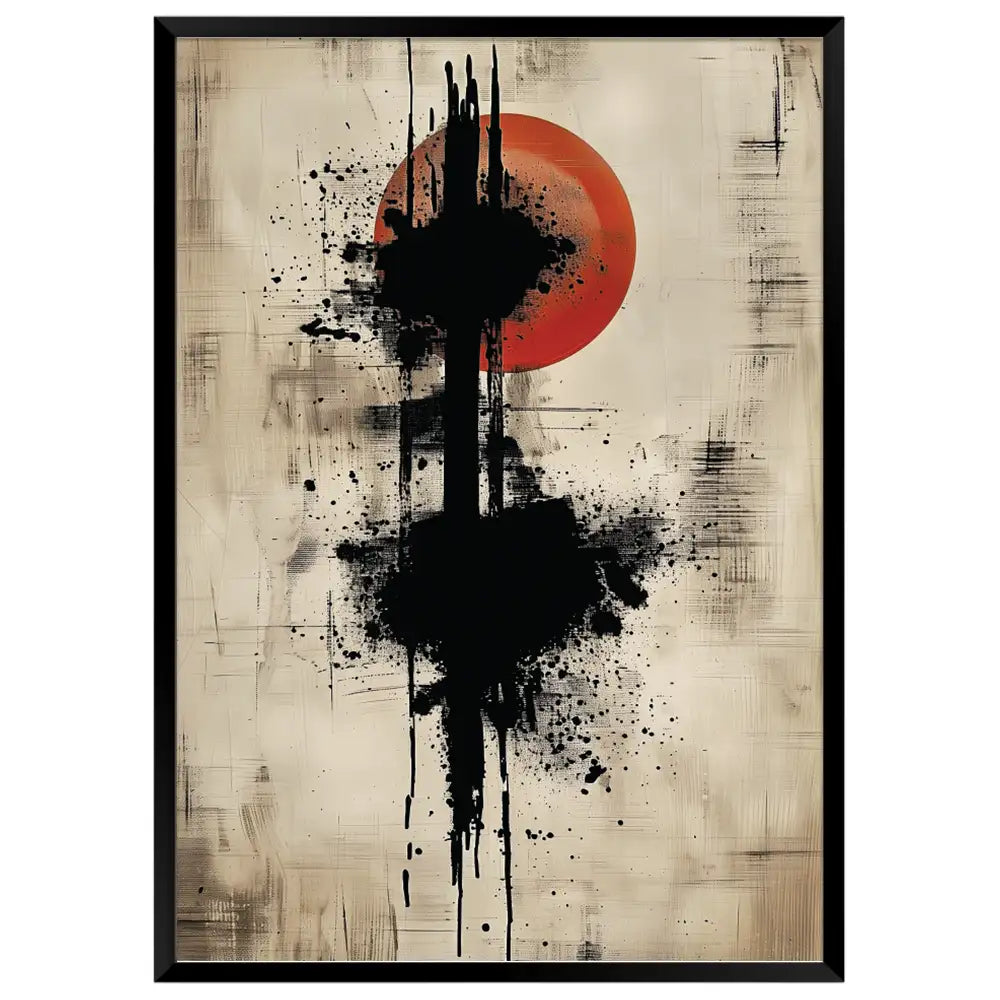 Cuadro Japandi con trazo vertical y sol rojo | Fuerza visual