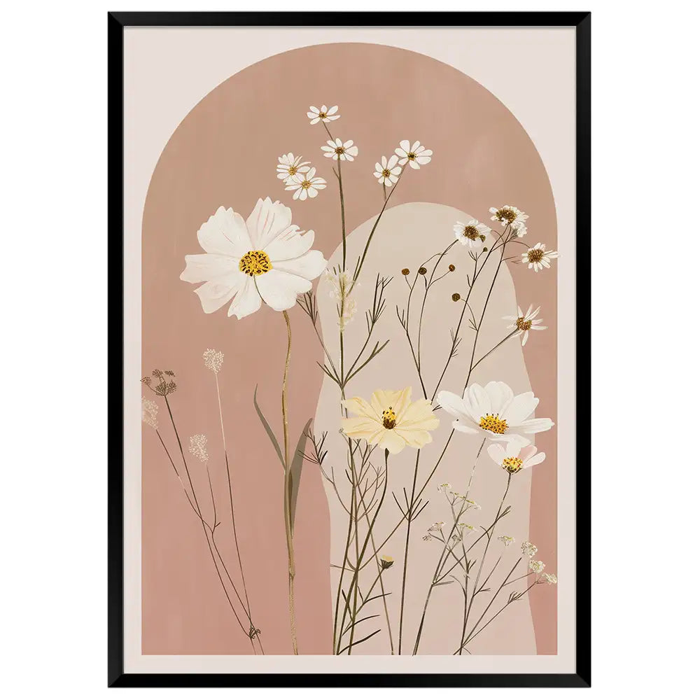 Cuadro floral en rosa palo con flores blancas y crema