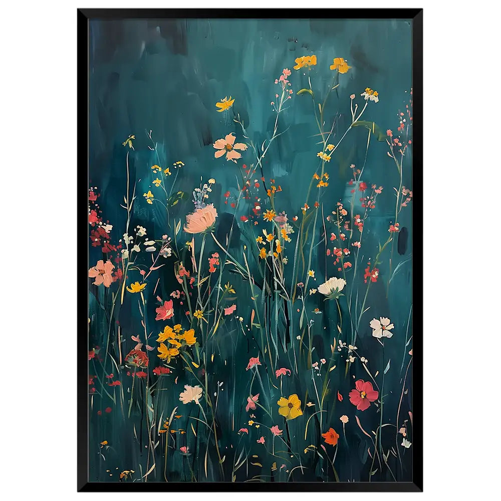 Cuadro de flores silvestres sobre fondo azul petróleo