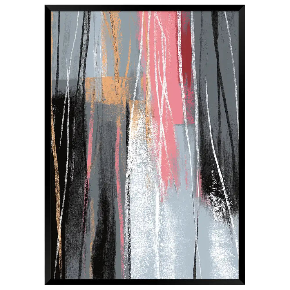 Cuadro abstracto moderno con líneas verticales en rosa y gris