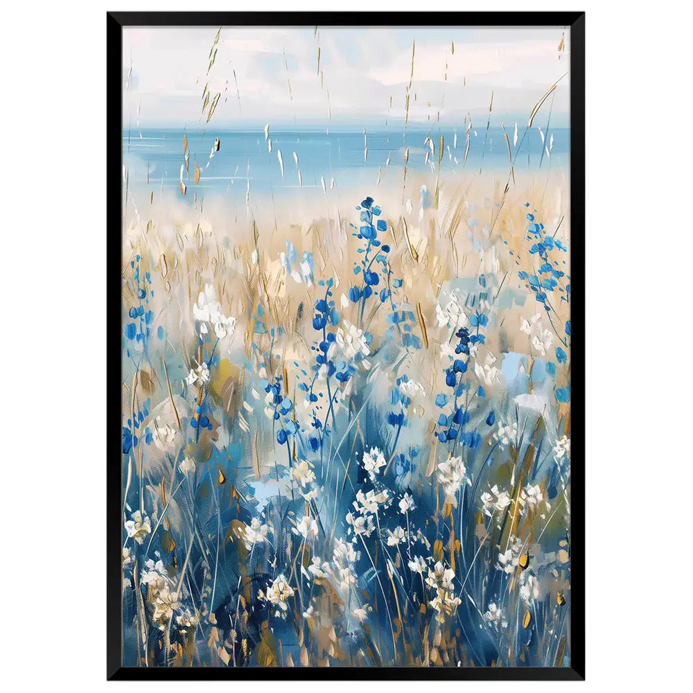 Cuadro floral con flores azules y blancas