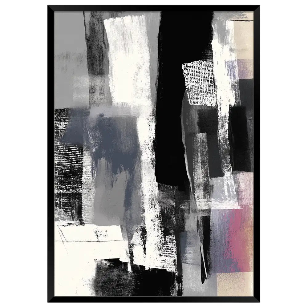Cuadro abstracto con superposiciones en blanco, negro y gris