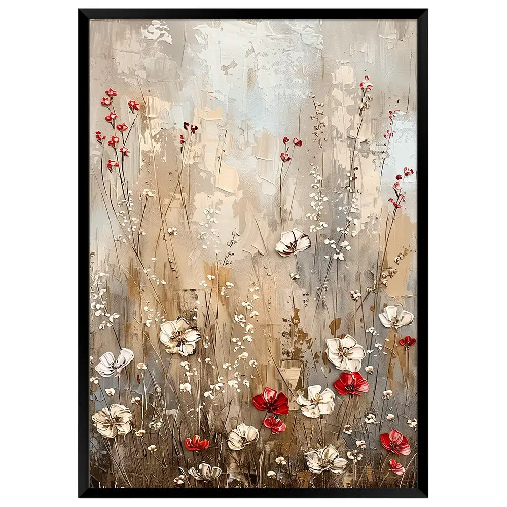 Cuadro floral con fondo beige y flores en rojo y blanco