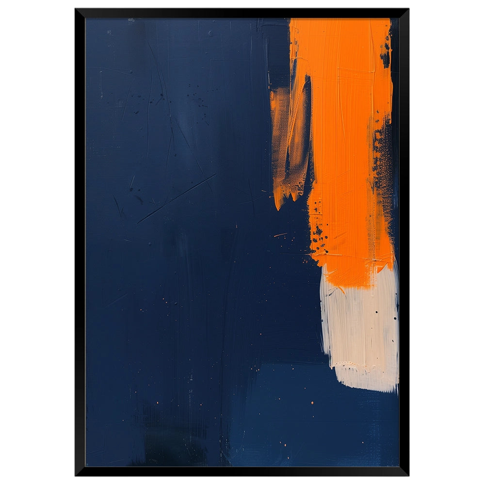 Cuadro abstracto azul con gesto vertical y contraste cromático