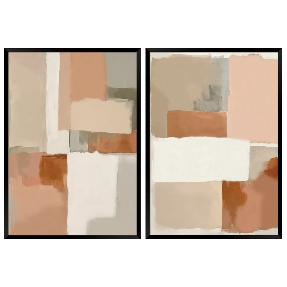 Set de 2 cuadros abstractos en tonos arena y terracota con marco negro