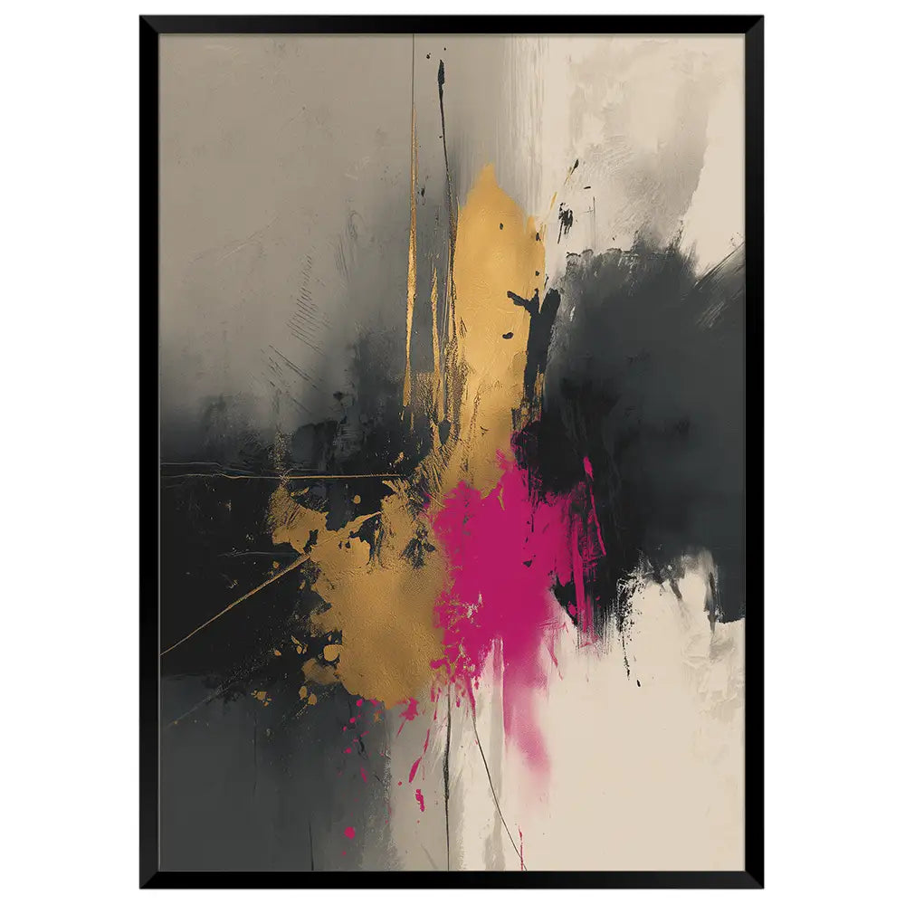 Cuadro abstracto con impacto en dorado y magenta
