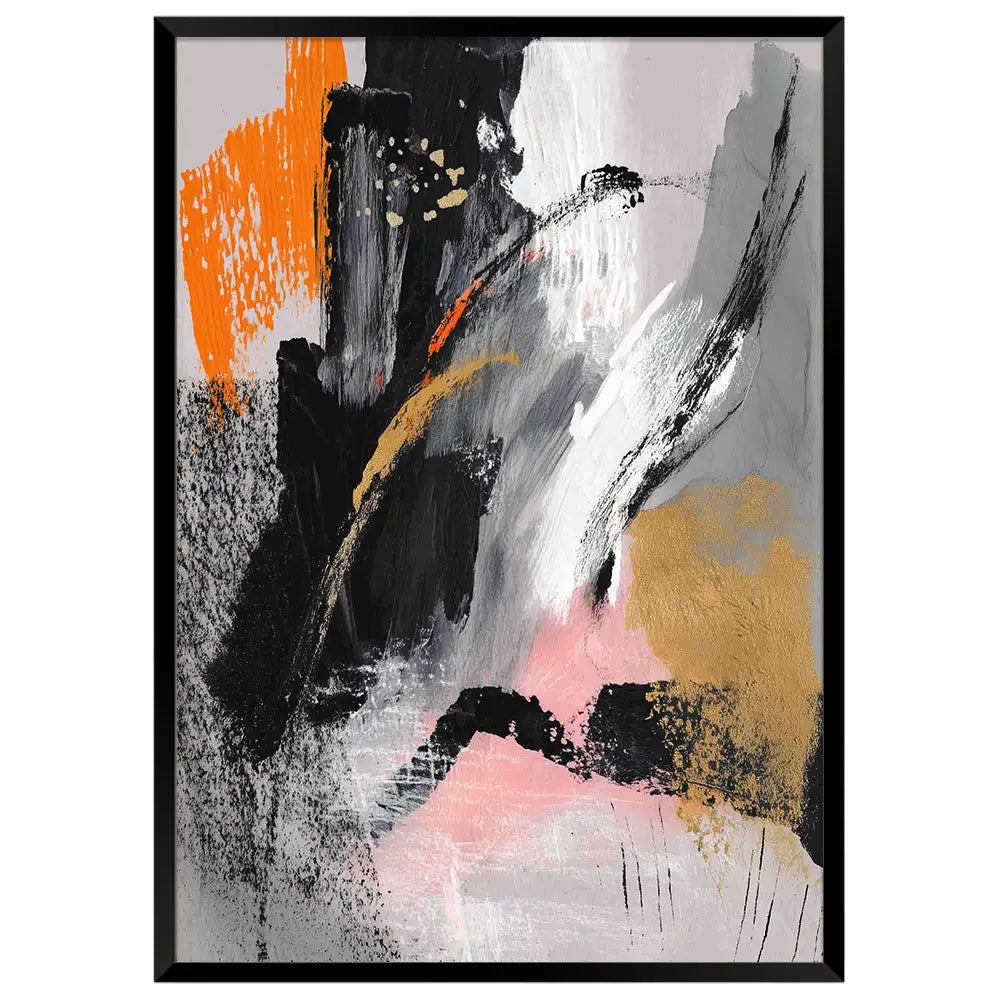 Cuadro abstracto moderno en negro, rosa y dorado