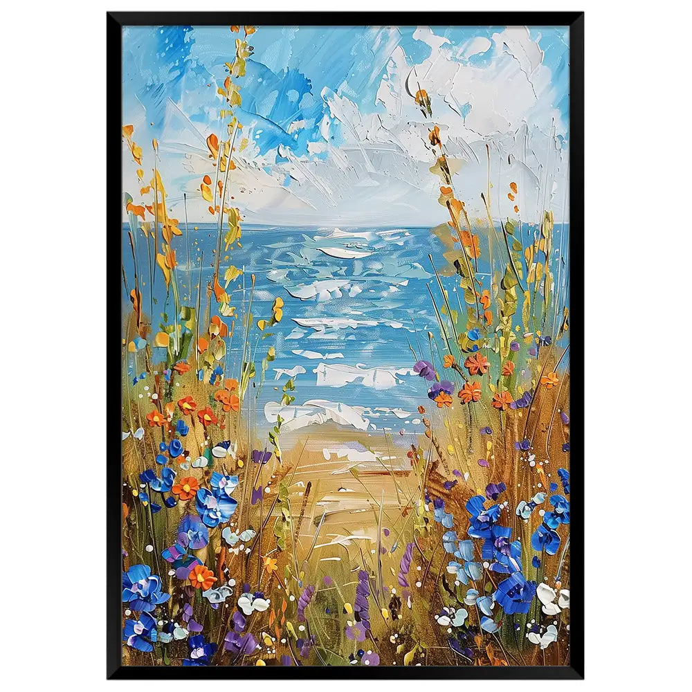 Cuadro floral con vista al mar y colores vivos