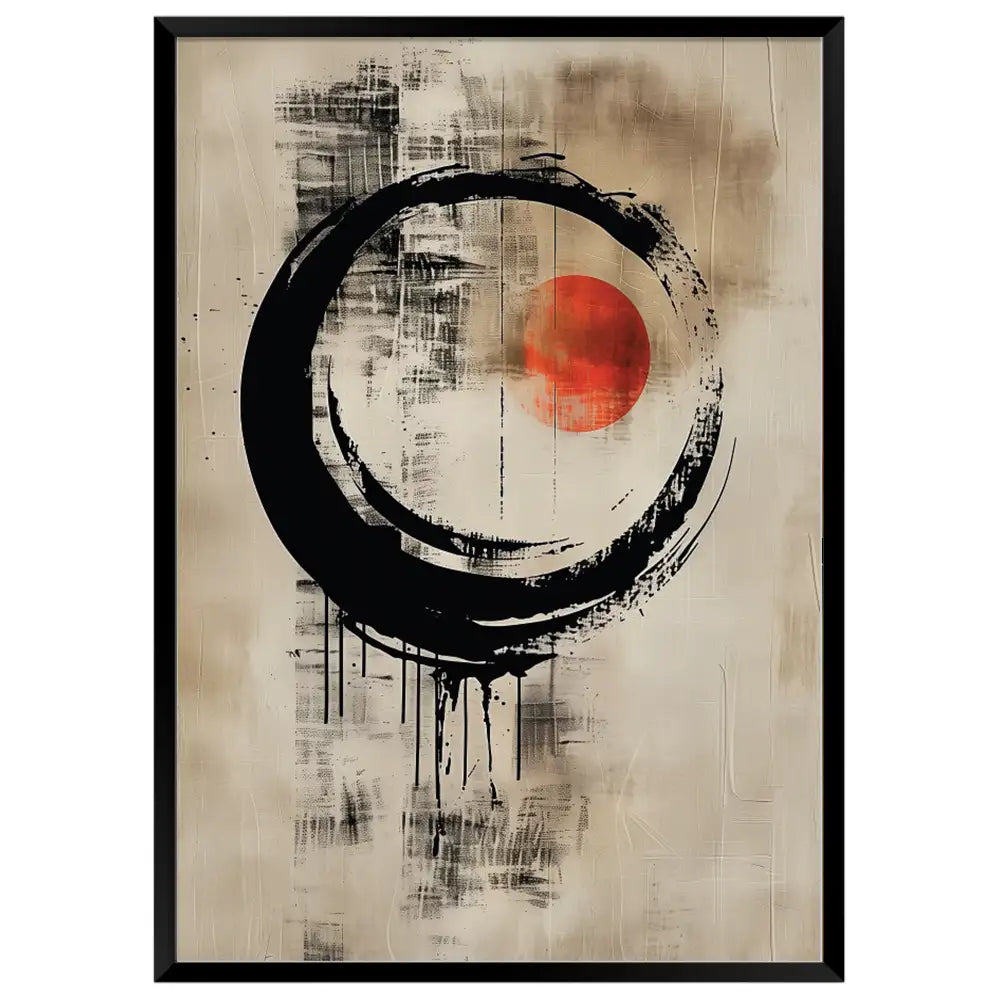 Cuadro Japandi con círculo zen y sol rojo | Decoración moderna