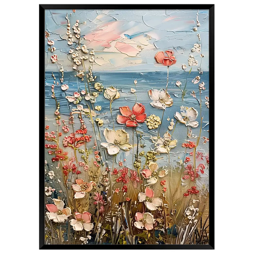 Cuadro de flores junto al mar con tonos suaves
