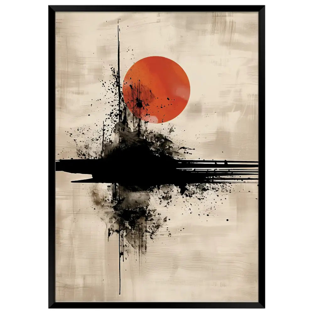 Cuadro Japandi de sol rojo y trazo negro | Estilo moderno