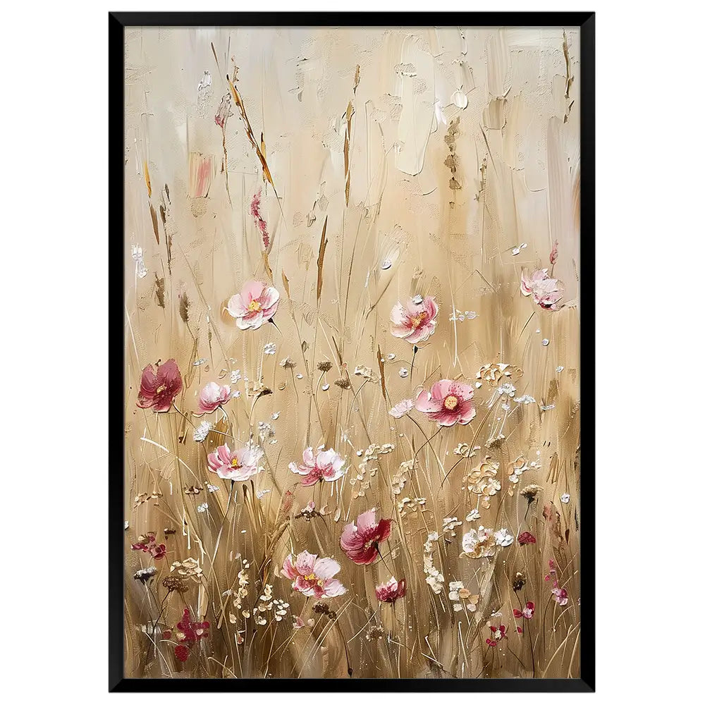 Cuadro con flores en tonos cálidos y fondo beige
