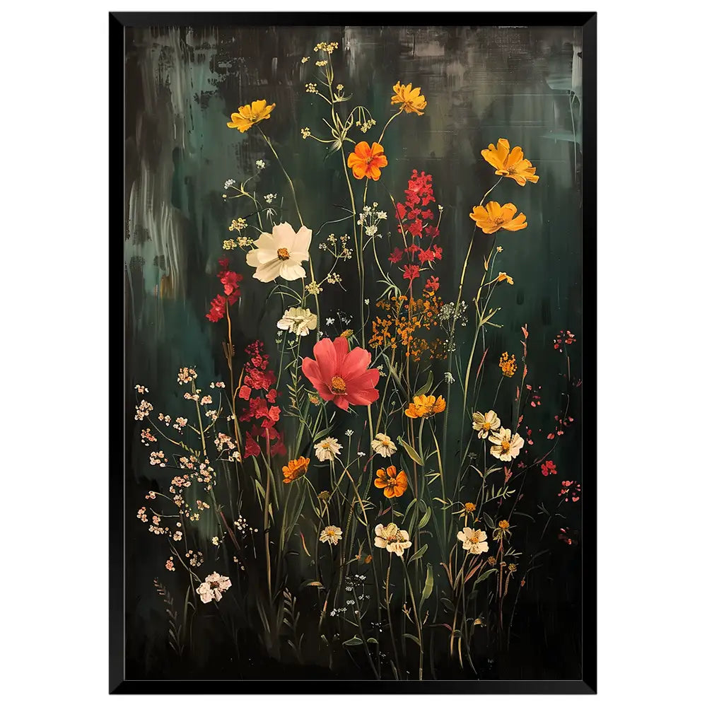 Cuadro de flores con fondo oscuro y colores cálidos