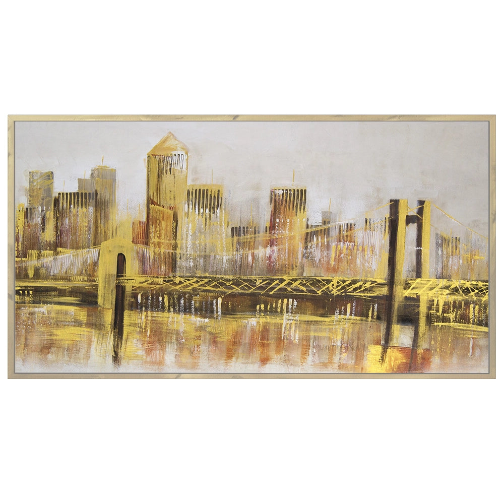 Cuadro de ciudad nocturna en tonos dorados